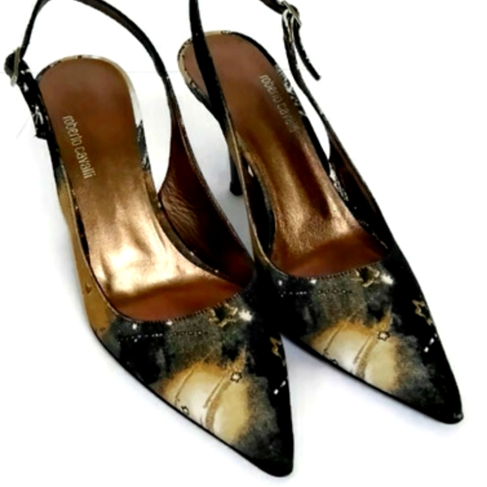Roberto Cavalli Black and Gold Heels